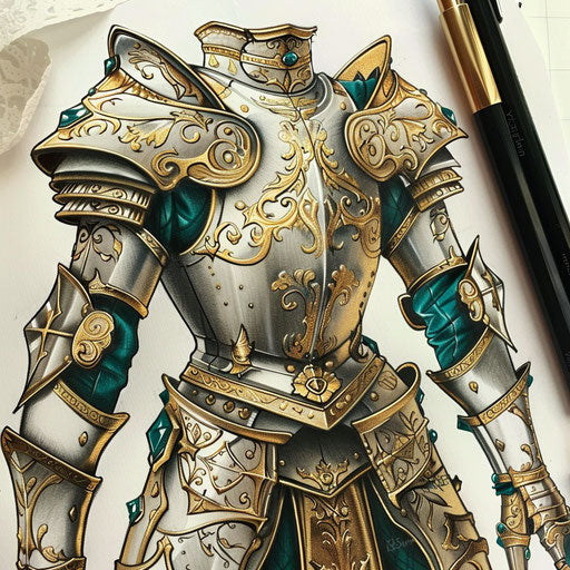 Detailed sketch of a knight's armor, gold and emerald green