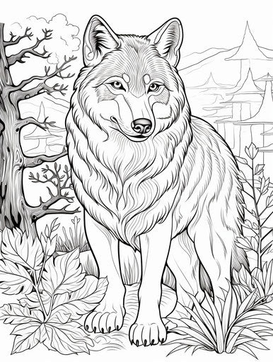 Coloring pages of the gray wolf, cartoon character style, pattachitra