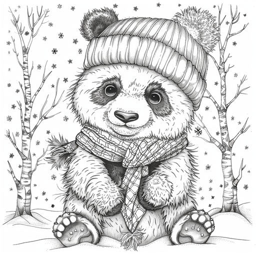 Cute panda in winter scarf and hat, Jan Brett style
