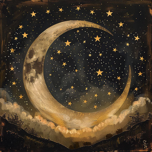The crescent moon holding a starry night