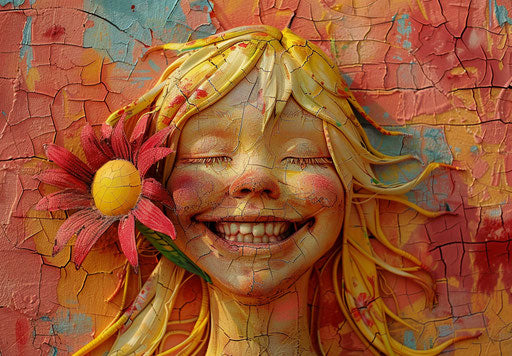 Smiling blonde face with flower, barbizon style, zany humor