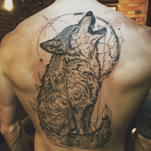 Outline tattoo of a howling wolf, in the style of David Palumbo