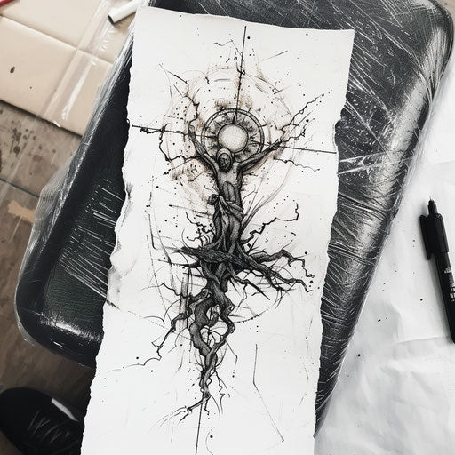 Surreal flat tattoo sketch of a Cruz morphing into a tree of life with roots and branches