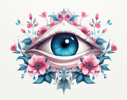 All seeing eye logo on white, intricate floral patterns