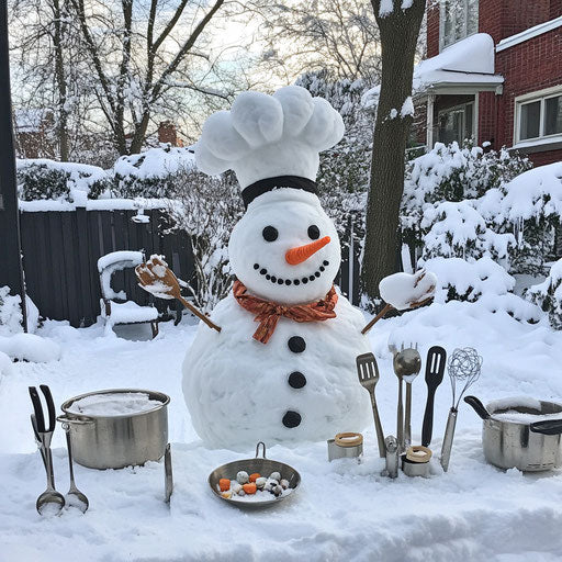 Snowman chef in snowy backyard with ice kitchen utensils