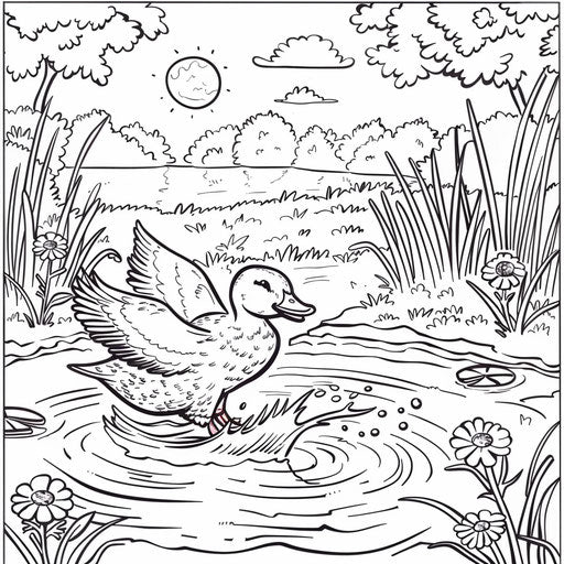 Cheerful duck splashing in a sunny pond