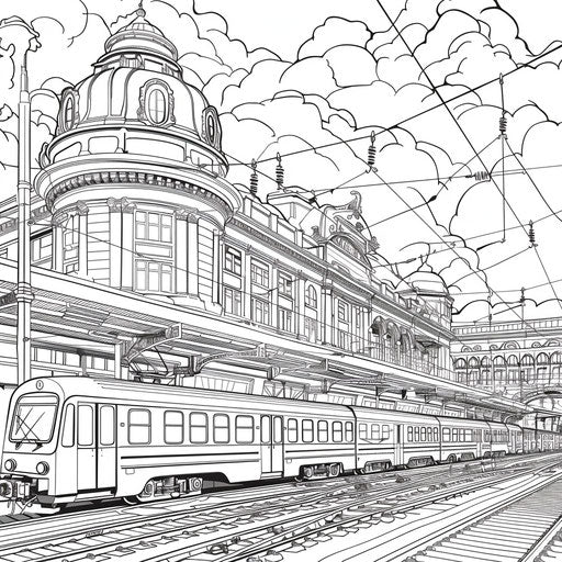 Busy train station with intricate architecture on a coloring page