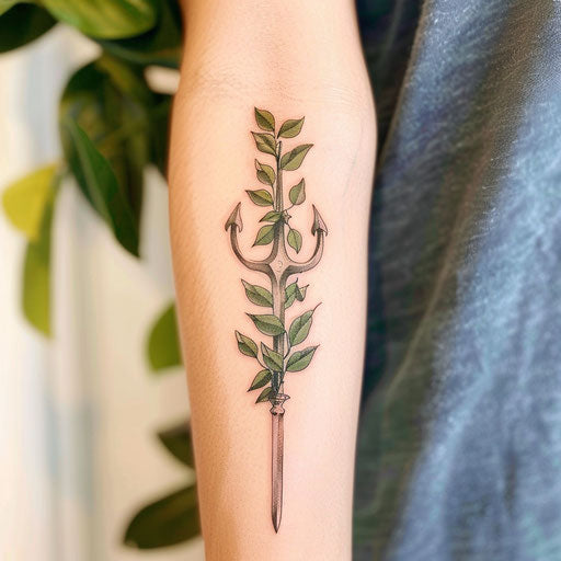 Eco-themed trident tattoo with green leaves on white