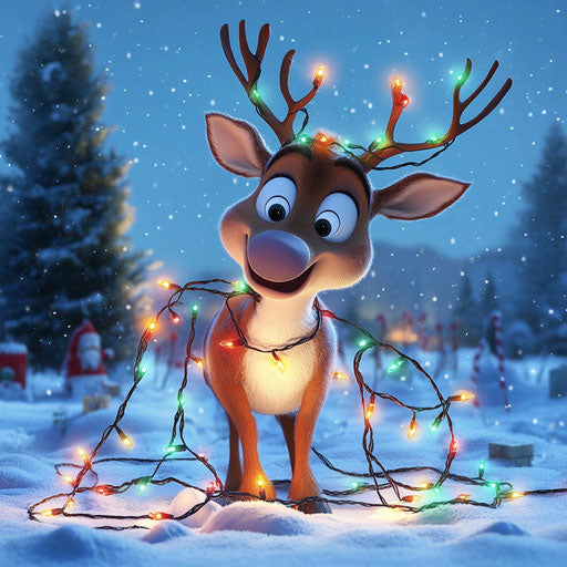A cartoon reindeer tangled in Christmas lights, looking puzzled but cheerful amidst a snowy landscape