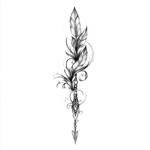 Bohemian-style arrow and feathers tattoo sketch on upper arm
