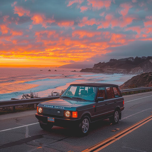 Luxury roadster at sunset on the Pacific Coast Highway
