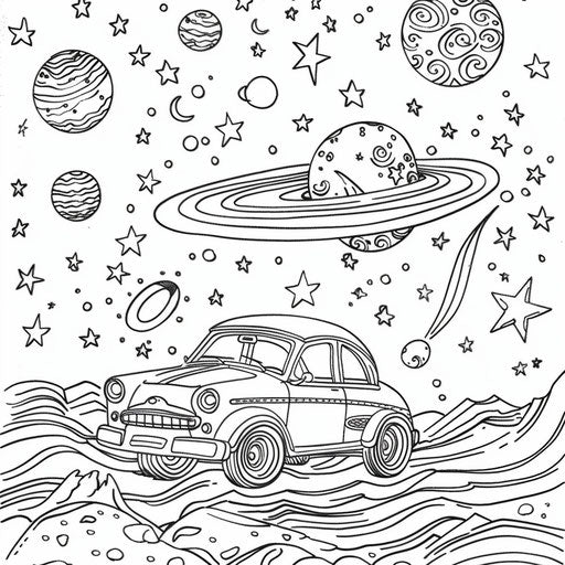 Flying car in space with stars and planets