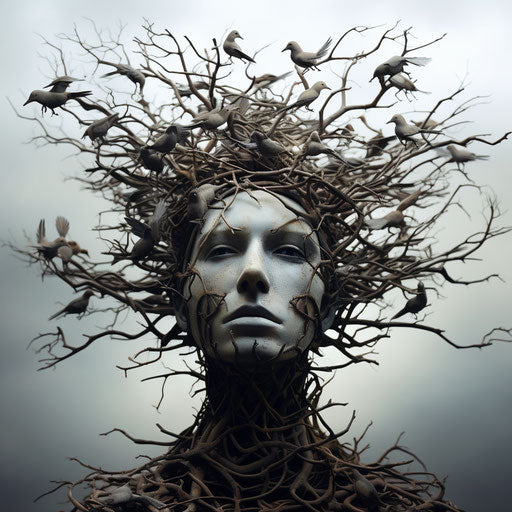 Man's face silhouette birds flying organic sculptures Tim Burton