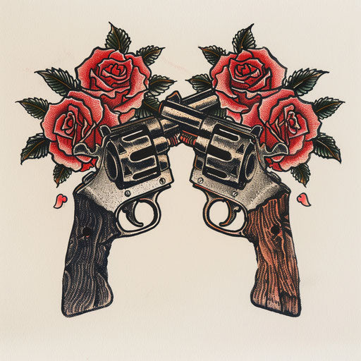 Traditional tattoo of crossed pistols and roses