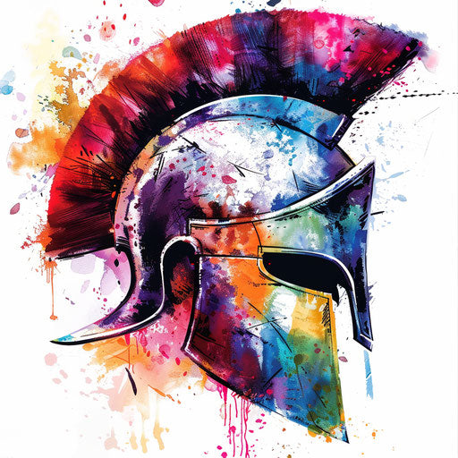 Vibrant Spartan helmet with abstract splashes in watercolor style