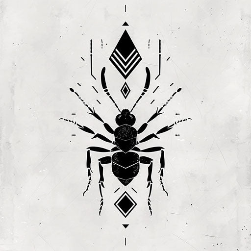 Minimalist flat tattoo sketch of an ant silhouette with a geometric pattern