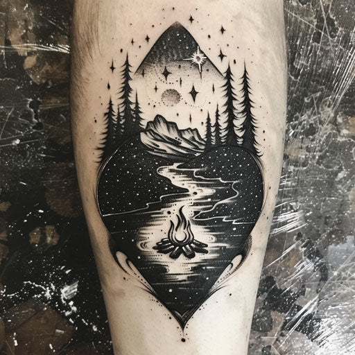Bold and dark flat tattoo sketch with a riverside campfire and starry sky