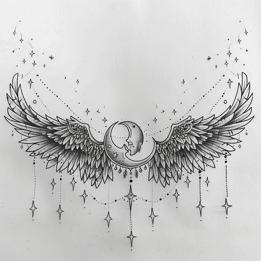 Sketch of celestial Crab constellation tattoo with angelic wings and celestial bodies