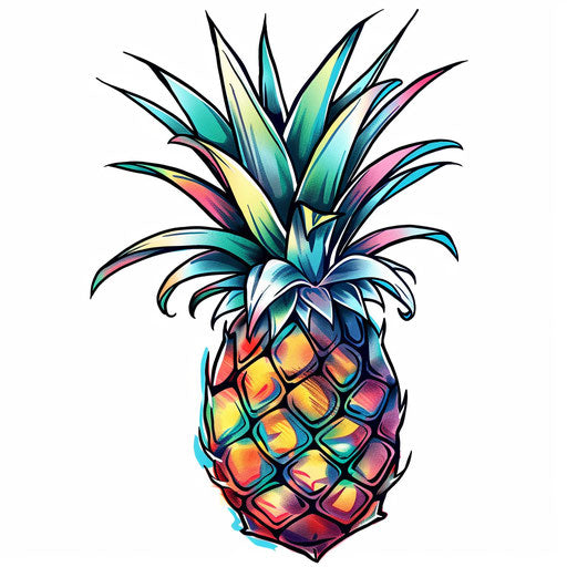 Stylized cartoon pineapple tattoo with bold colors