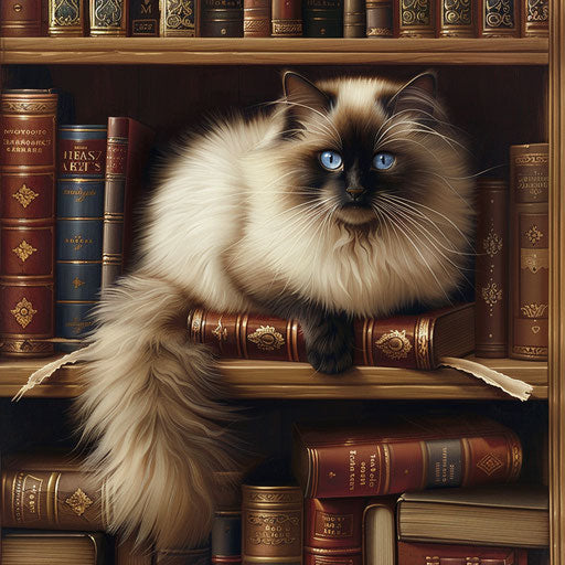 Himalayan cat perched on a bookshelf, surrounded by books