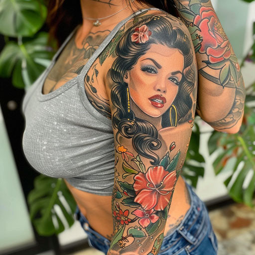 Classic pin-up girl sleeve tattoo in Ed Hardy style