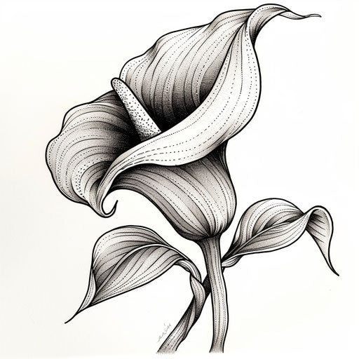 Monochrome tattoo sketch of a calla lily with detailed stippling