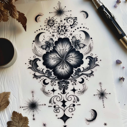 Bold line art tattoo sketch of a black clover surrounded by small stars and moons in midnight blue