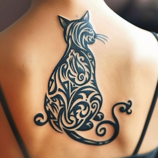 Black cat tattoo with tribal patterns on white background