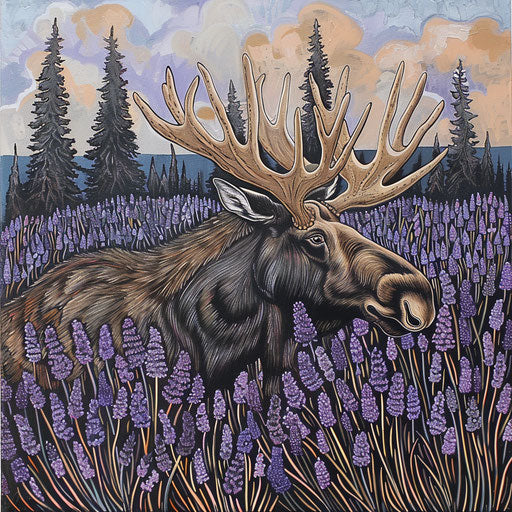 A moose in a field of lavender, a contrast of wild and delicate