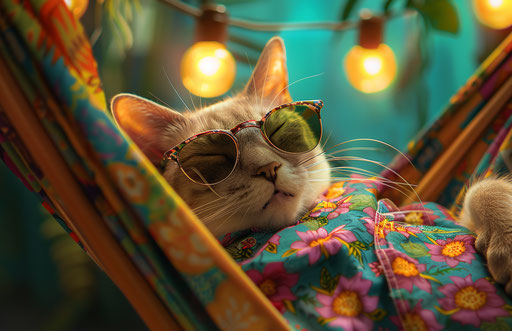 Cat napping in hammock with sunglasses and vibrant shirt
