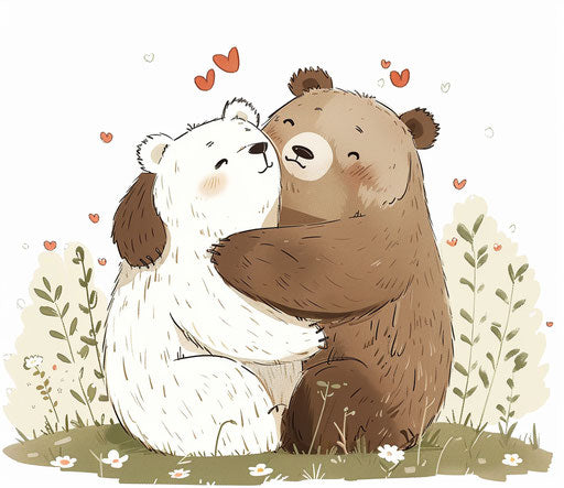 Cute bears hugging with hearts, animated gif style, heavy lines