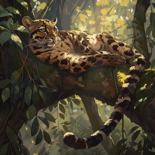 Bornean clouded leopard resting on a tree branch
