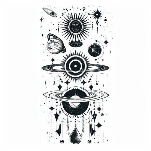 Modern flat tattoo sketch for a Sak Yant featuring cosmic elements