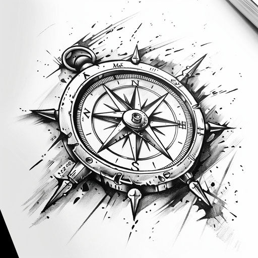 Flat tattoo sketch of a nautical compass in black and gray