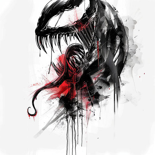 Abstract tattoo sketch of venom dripping from fangs, flat style in monochrome with a splash of red