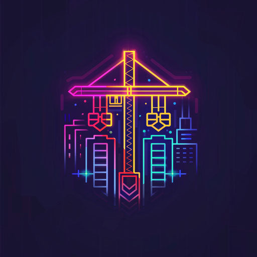 Retro construction logo with neon colors on dark background