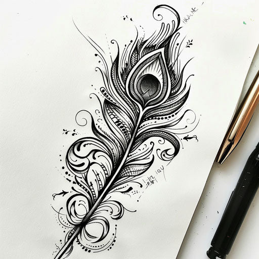 Tribal peacock feather tattoo sketch with bold black lines and native patterns
