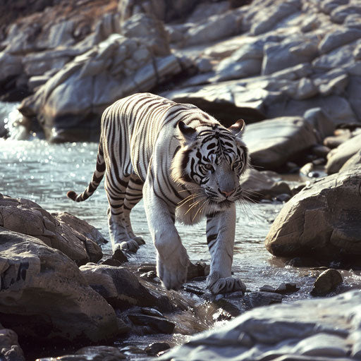A white tiger's journey on a rocky riverbed