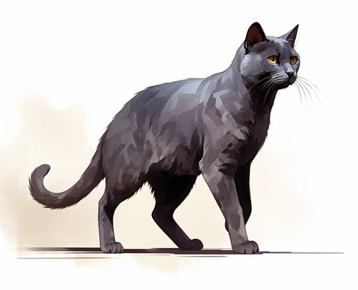 Grey cat walking on white, dark maroon and light indigo style