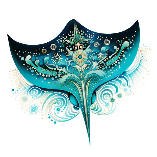 Black and blue sting ray with words, feminine sticker art style