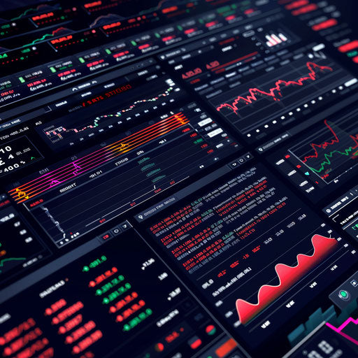 Digital cryptocurrency exchange with futuristic interfaces and real-time trading data