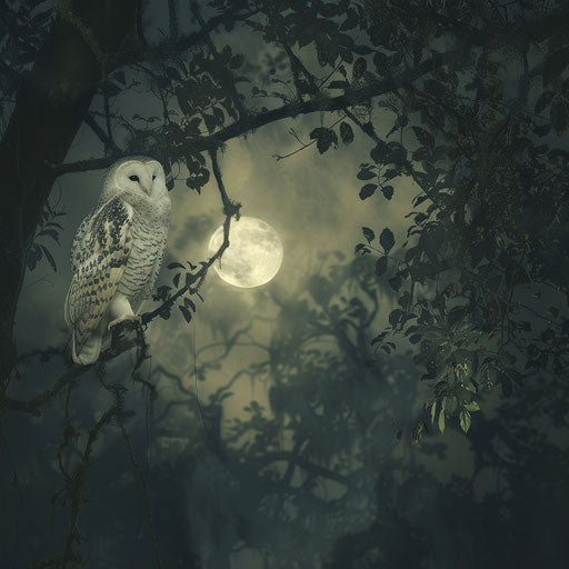 White owl on twisted vine, full moon and dense fog