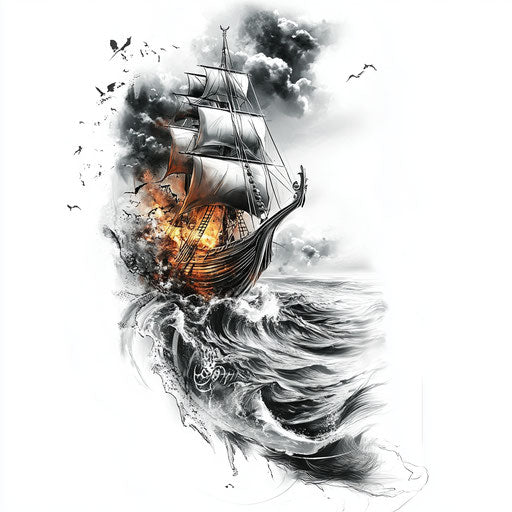 Viking sleeve tattoo with stormy sea background