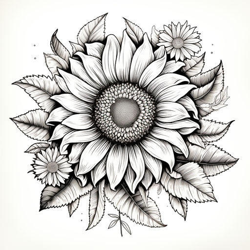 Sunflower in black and white, intricate floral style