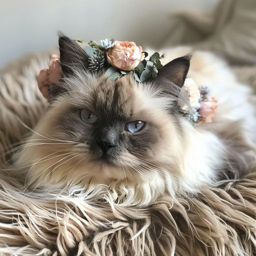 Himalayan cat with floral crown on fluffy rug