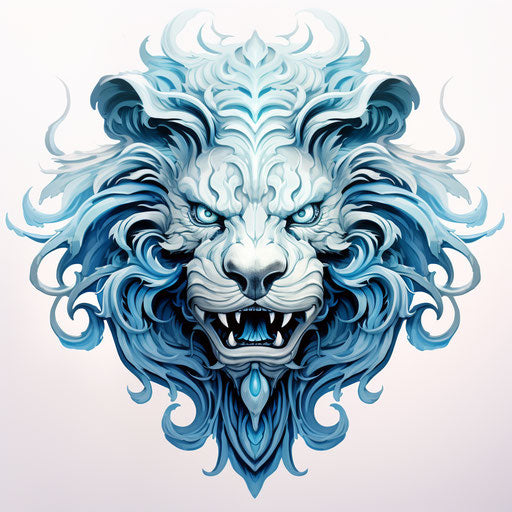 Ice blue lion on wall, techno shamanism style, classic tattoo motifs