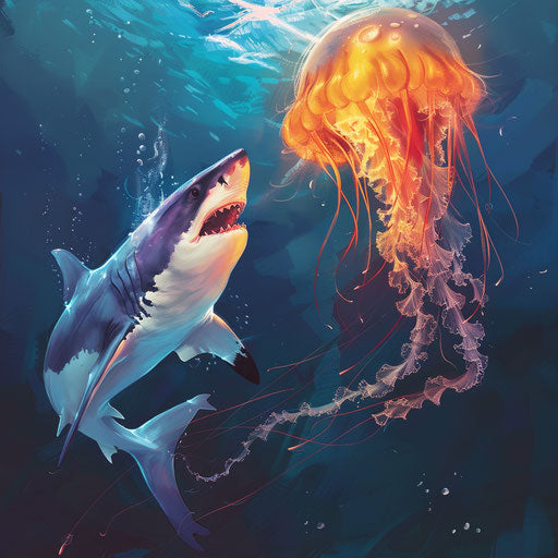 Meeting of a shark and a jellyfish