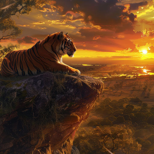 Tiger at sunset on cliff, peaceful golden savannah