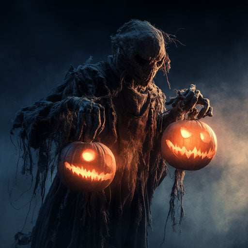 Entity in dark rags holding glowing jack-o'-lanterns