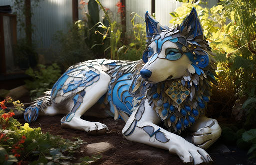 Husky dog on garden edge, dark gray and light blue, light silver and maroon